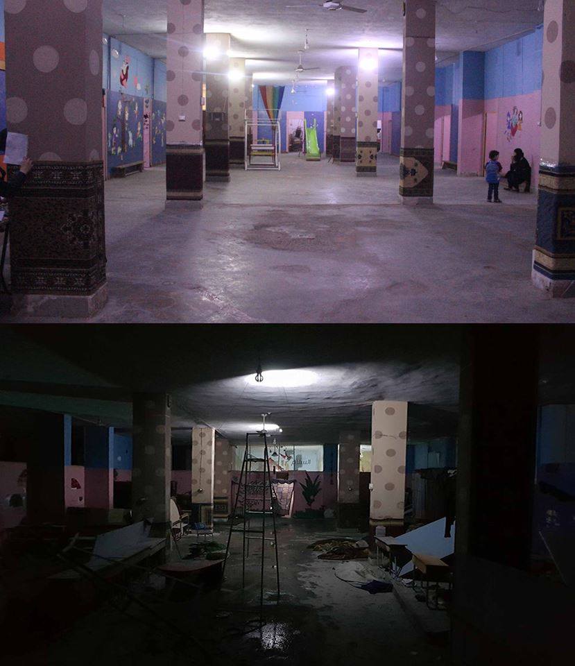 Before and after a school used as an underground basement